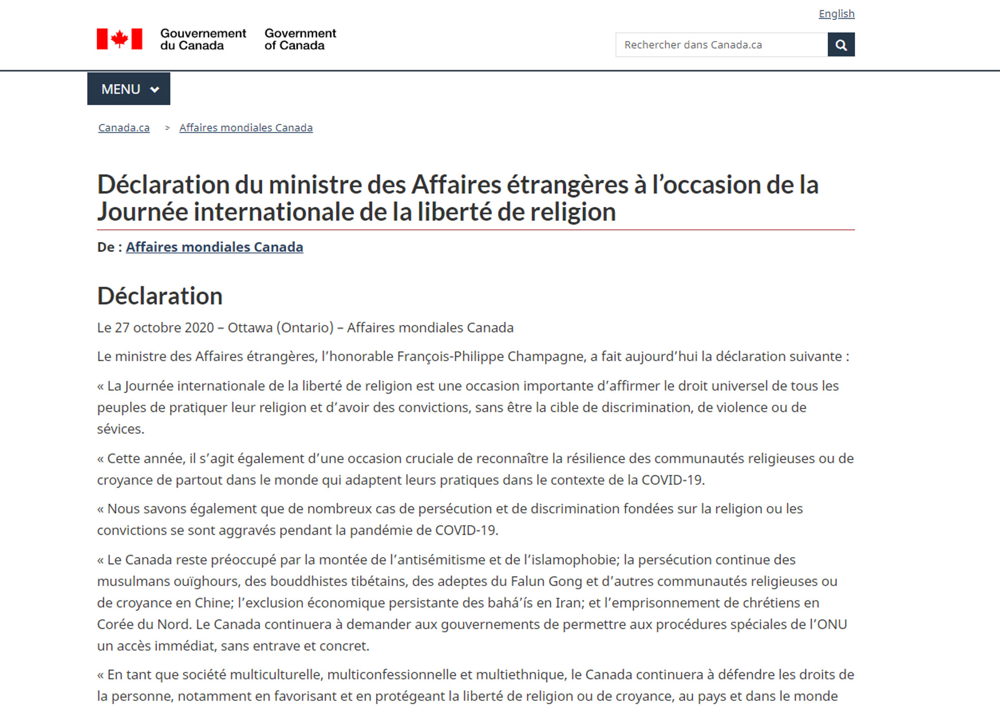 Image for article Le ministre des Affaires étrangères du Canada attire l’attention sur la persécution du Falun Gong lors de la Journée internationale de la liberté de religion