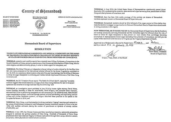 Image for article Virginie : Le comté de Shenandoah adopte une résolution pour condamner les prélèvements forcés d’organes en Chine