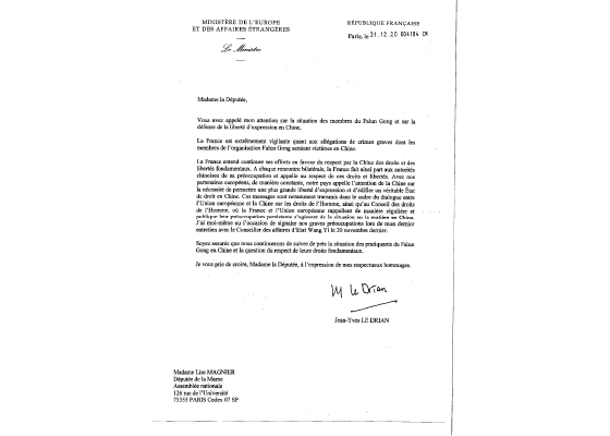 Image for article Le Ministre français des Affaires étrangères : Porter une attention particulière à la persécution du Falun Gong en Chine