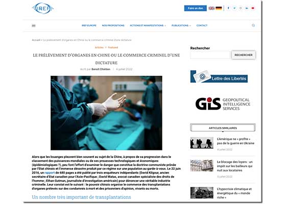 Image for article France : Un article d’un groupe de réflexion appelle à la fin des atrocités liées aux prélèvements forcés d’organes en Chine
