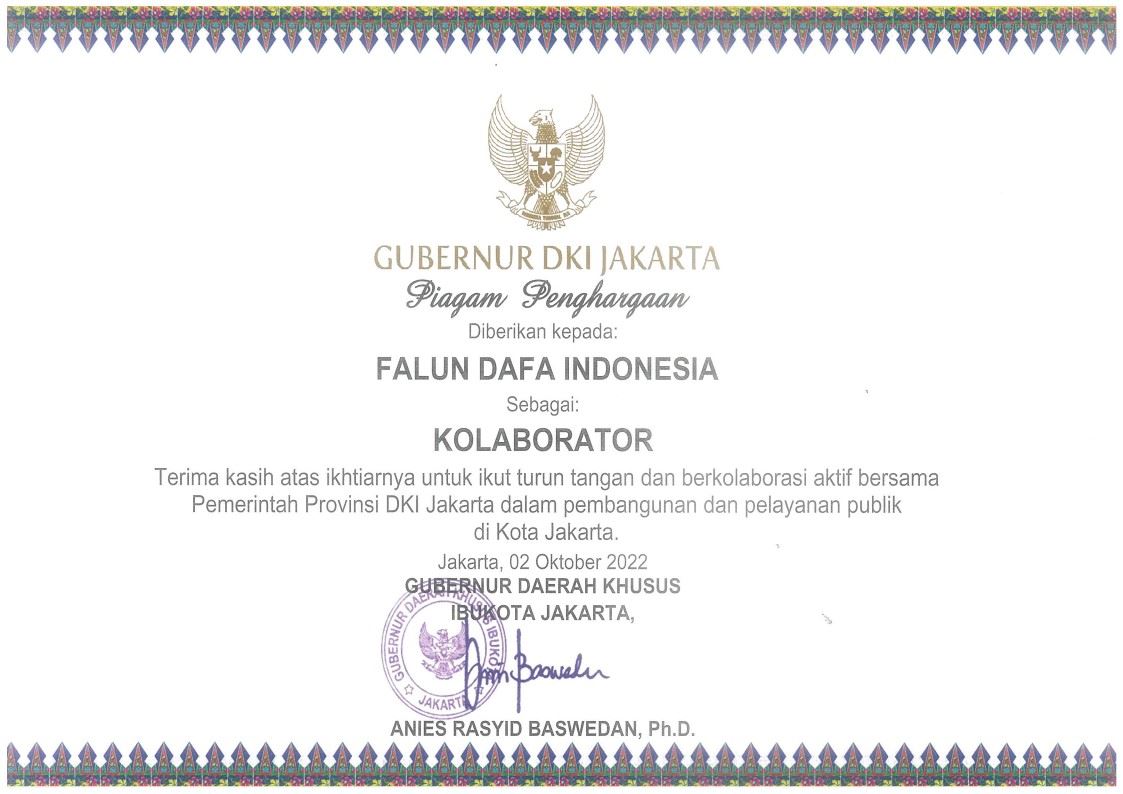 Image for article Indonésie : Des pratiquants de Falun Dafa reçoivent un certificat d’appréciation du gouverneur de Jakarta