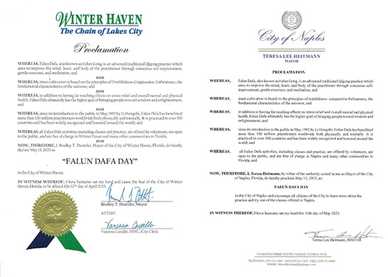 Image for article Floride, États-Unis : Deux villes proclament le 13 mai 2023 la Journée du Falun Dafa