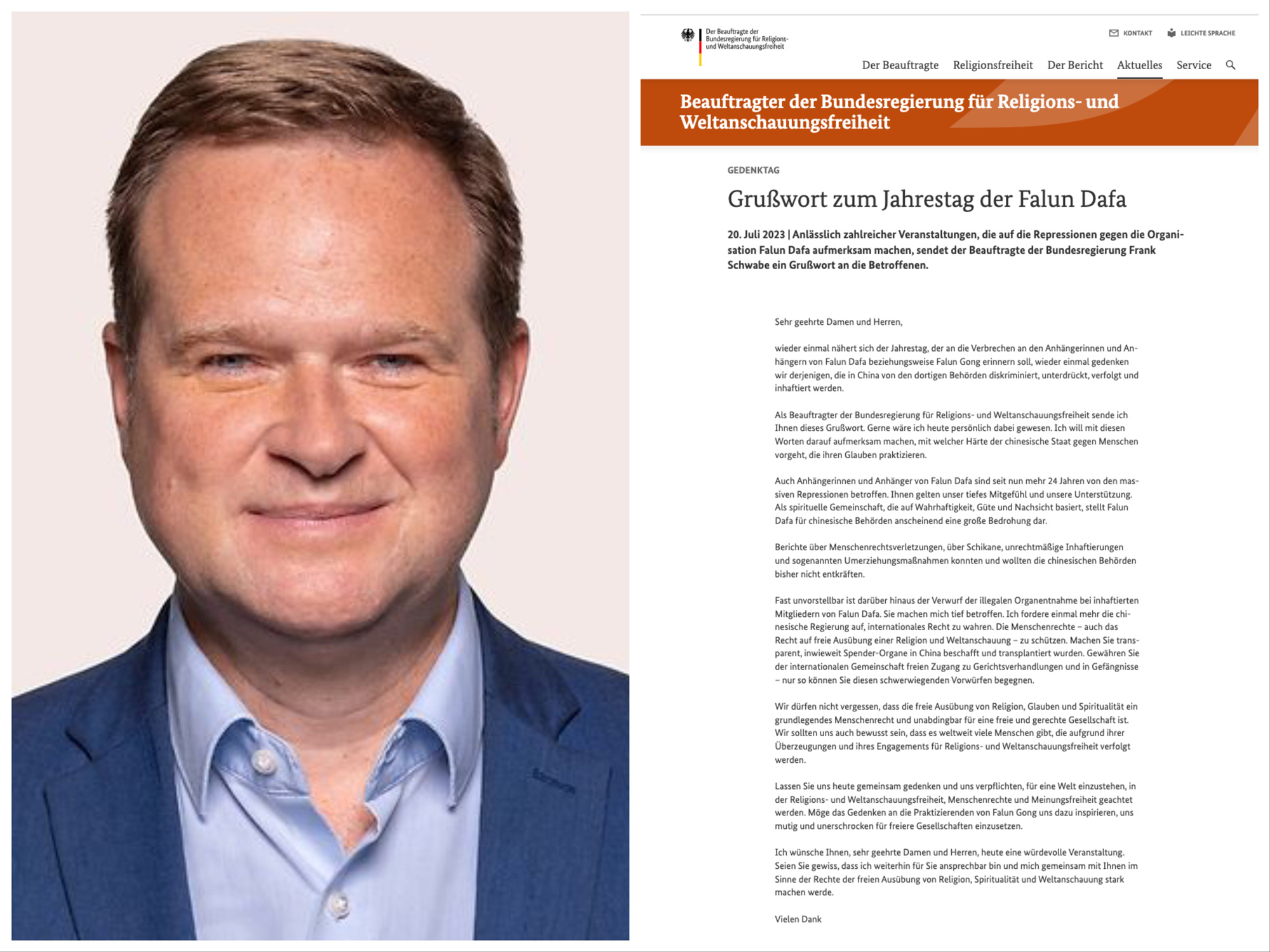 Image for article Allemagne : Une lettre soutenant le Falun Dafa est publiée sur un site web gouvernemental